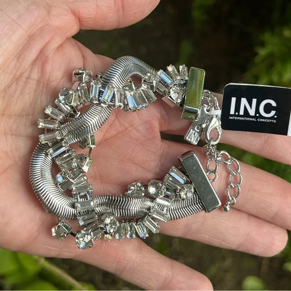International Concepts Crystal & Snake Chain Twisted Flex Silver Bracelet By INC - Picture 5 of 8